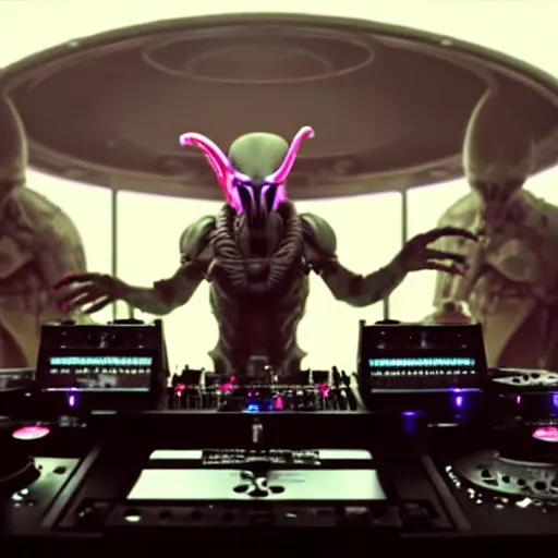 Prompt: Still film of Xenomorph playing DJ in Tomorrowland with lots of humans. Intricate. Elegant details. 4K