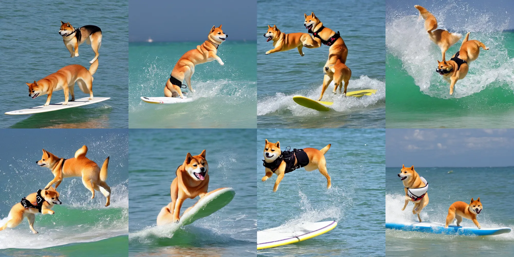 Prompt: a shiba inu surfing with sunglasses on, looking heckin cool