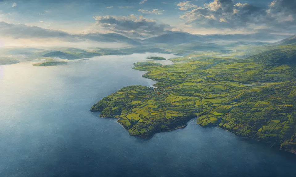 Image similar to nordic fjord, summer morning light, aerial view, beautiful landscape, cinematic light, soft illumination, cinematic composition, wide - angle, atmospheric, oil painting, trending on artstation