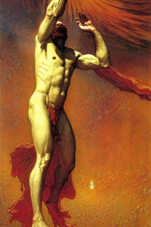 Prompt: a painting of mars pater god of war by gustav moreau, jean delville and  Gaston Bussiere
