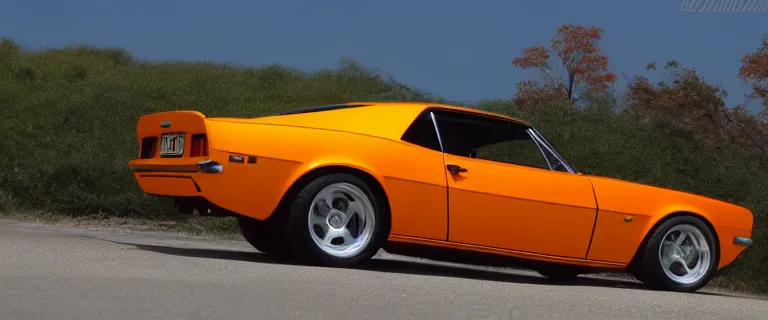 Image similar to orange - yellow audi camaro b 1 ( 1 9 6 7 ), restomod, establishing shot