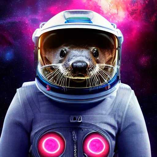 Image similar to a realistic portrait of an otter wearing a full space suit and reflective visor set against a space and nebula background, trending on artstation, ultra detail, photorealistic, fine detail, cgi, zbrush, global illumination, studio lighting