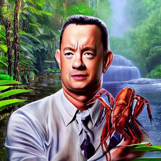 Image similar to Tom Hanks as forrest gump sitting on a giant shrimp in the jungle, realistic digital painting, in the style of Taeyoung Choi, photoreailstic, realistic face, amazing detail, sharp