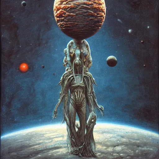 Image similar to Creature in space holding a planet made by Zdzislaw Beksinski, Jeffrey Smith and H.R. Giger, oil on canvas, 8k highly professionally detailed, trending on artstation