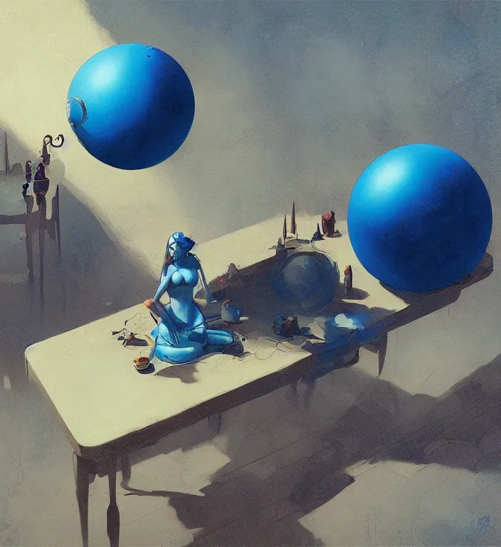 Image similar to a blue ball on a table, digital art by Peter Mohrbacher