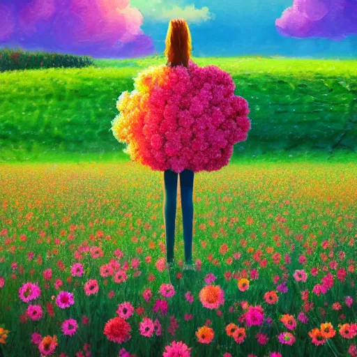 Image similar to large flower afro, full body, girl standing in the middle of a field with flowers, surreal photography, hills, sunrise dramatic light, impressionist painting, colorful clouds, digital painting, pointillism, artstation, simon stalenhag