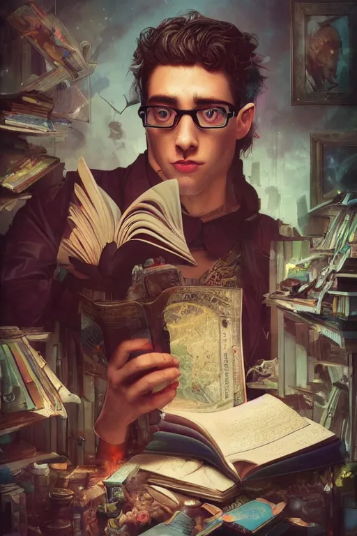 Image similar to magic nerdy guy reading a book in a cluttered messy bedroom, artgerm, tom bagshaw, gerald brom, vaporwave, vaporwave colors, perfect face, detailed face, symmetrical face,