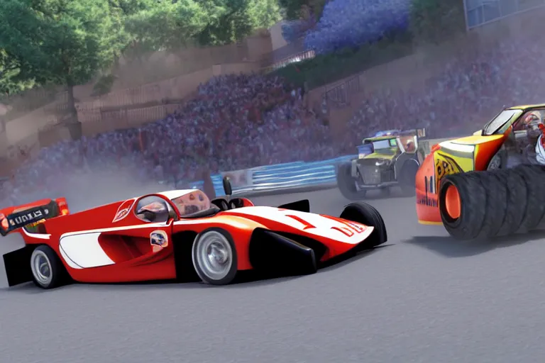 Prompt: film still of a tractor racing McLaren F1 in Pixar’s Cars (2006), 8k,