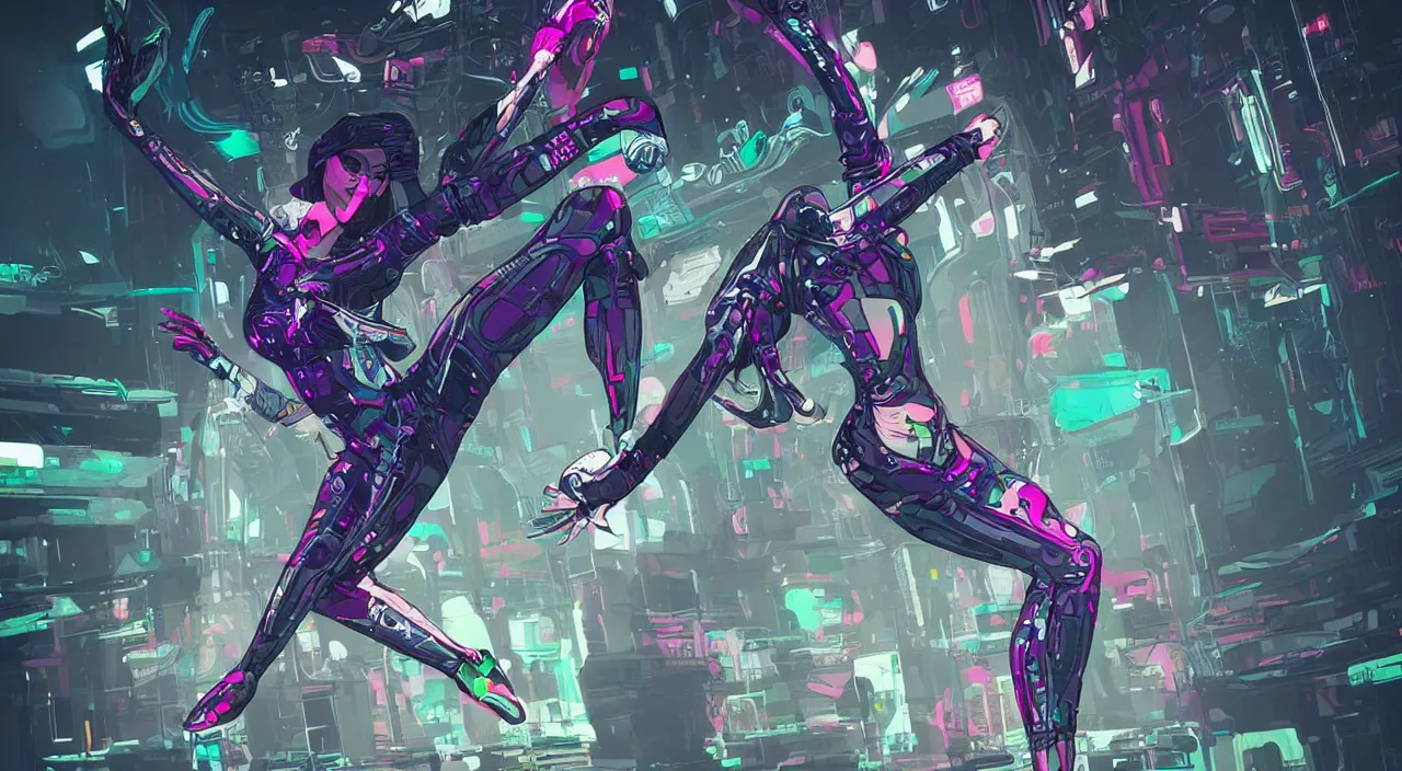 Prompt: a dancer wears futuristic clothes dances in a swirling wind by josan gonzalez, style of cyberpunk 2 0 7 7, trending on artstation