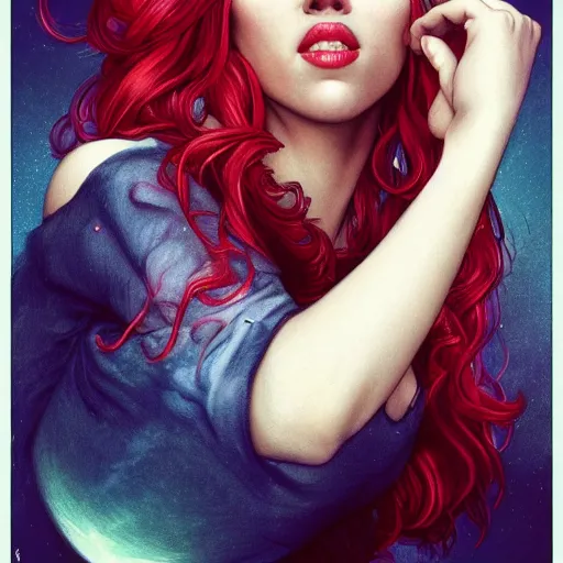 Image similar to a highly detailed matte portrait of scarlett johansson as a red haired vampire sorceress, drinking wine, standing in a space station and looking at jupiter, viewed in profile from far away, crackling green lightning, ultrawide lens, art by artgerm and greg rutkowski and alphonse mucha, volumetric lighting, octane render, 4 k resolution, trending on artstation, masterpiece