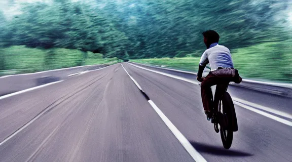 Prompt: movie still of cyclo riding on highway, high details, concept art, photorealistic, 3 5 mm photography