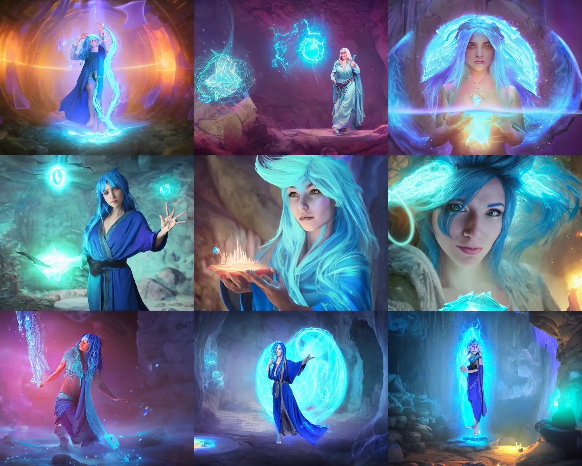 Prompt: blue haired female with flowing robes casting a magic spell, floating symbols and crystals, a hovering open spellbook, cave, dnd, rpg, cosplay, fantasy, artstation, cinematic composition, masterpiece, sharp focus, bright colors, matte, final fantasy, unreal engine highly rendered, global illumination, radiant light, intricate environment 8 k hd