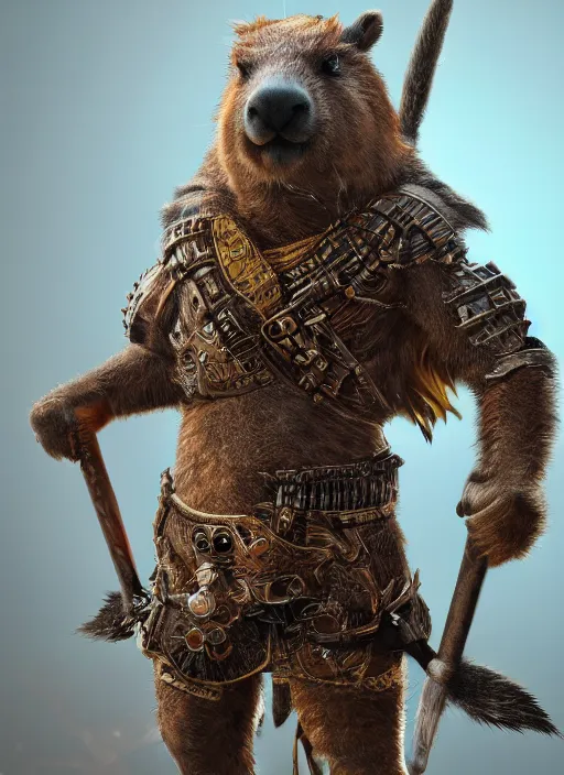 Image similar to detailed concept art illustration painting of an anthropomorphic capybara warrior in full intricate armor, Biomutant, ultra detailed, digital art, octane render, 4K