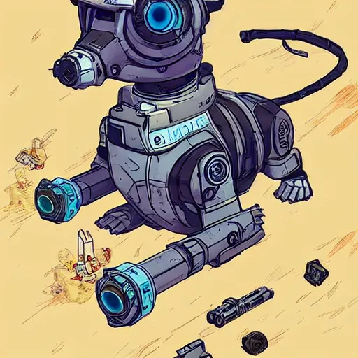 Image similar to cyborg corgi with a robotic eye and a small cannon for a tail that looks like it is from Borderlands and by Feng Zhu and Loish and Laurie Greasley, Victo Ngai, Andreas Rocha, John Harris