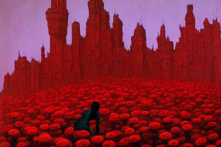 Image similar to only with red, red flowers of different types, red castle in background, red medieval goblins, in the style of beksinski, parts by edward hopper, parts by rodcenko, parts by yue minjun, intricate and epic composition, red by caravaggio, insanely quality, highly detailed, masterpiece, red light, artstation, 4 k