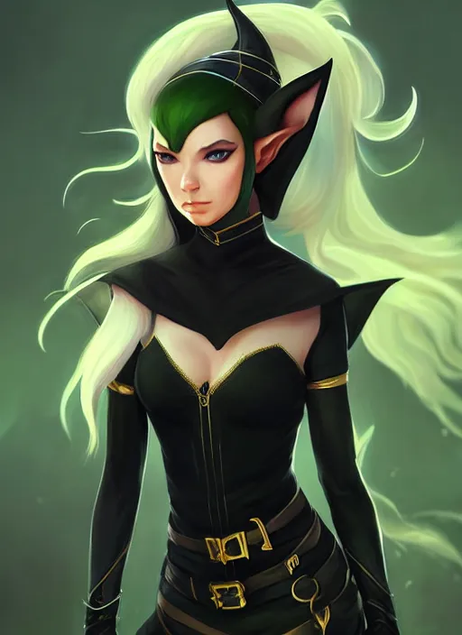 Prompt: portrait of beautiful elf spy, black outfit, female, white skin, golden ponytail hair, green eyes, high fantasy, dnd, extremely detailed, smooth, sharp focus, digital illustration, by rossdraws, sakimichan, frank franzzeta