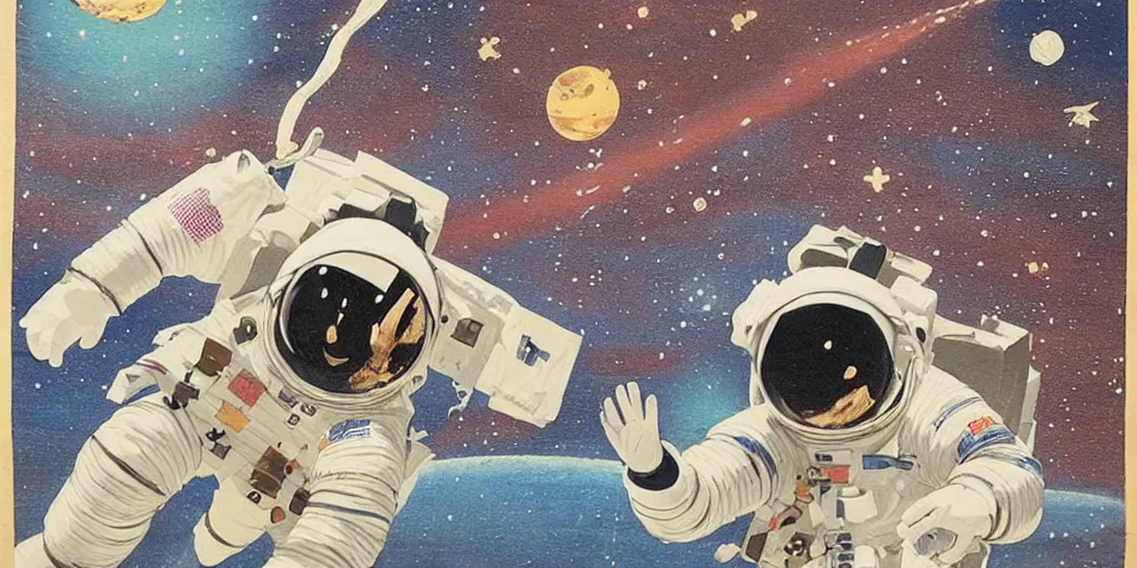Image similar to traditional japanese painting of astronaut in space