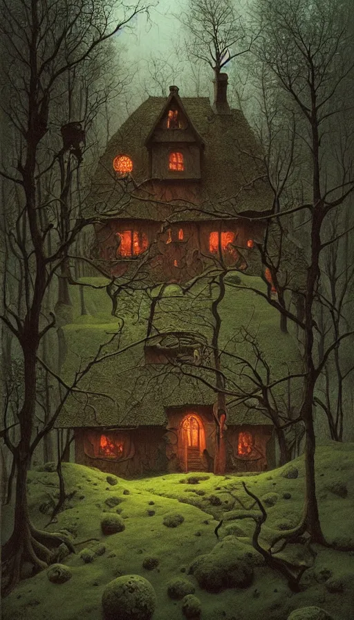 Prompt: witch cottage rococo in the woods moody lighting, highly detailed, painting by zdzisław beksinski and norman rockwell and greg rutkowskiweta studio, and lucasfilm