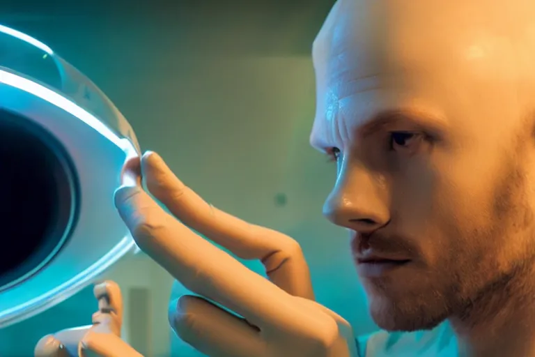 Prompt: vfx film closeup, man in spaceship laboratory copying his brain into digital ai glass brain, eeg wired futuristic advanced technology, flat color profile low - key lighting award winning photography arri alexa cinematography, hyper real photorealistic cinematic beautiful natural skin, famous face, atmospheric cool colorgrade