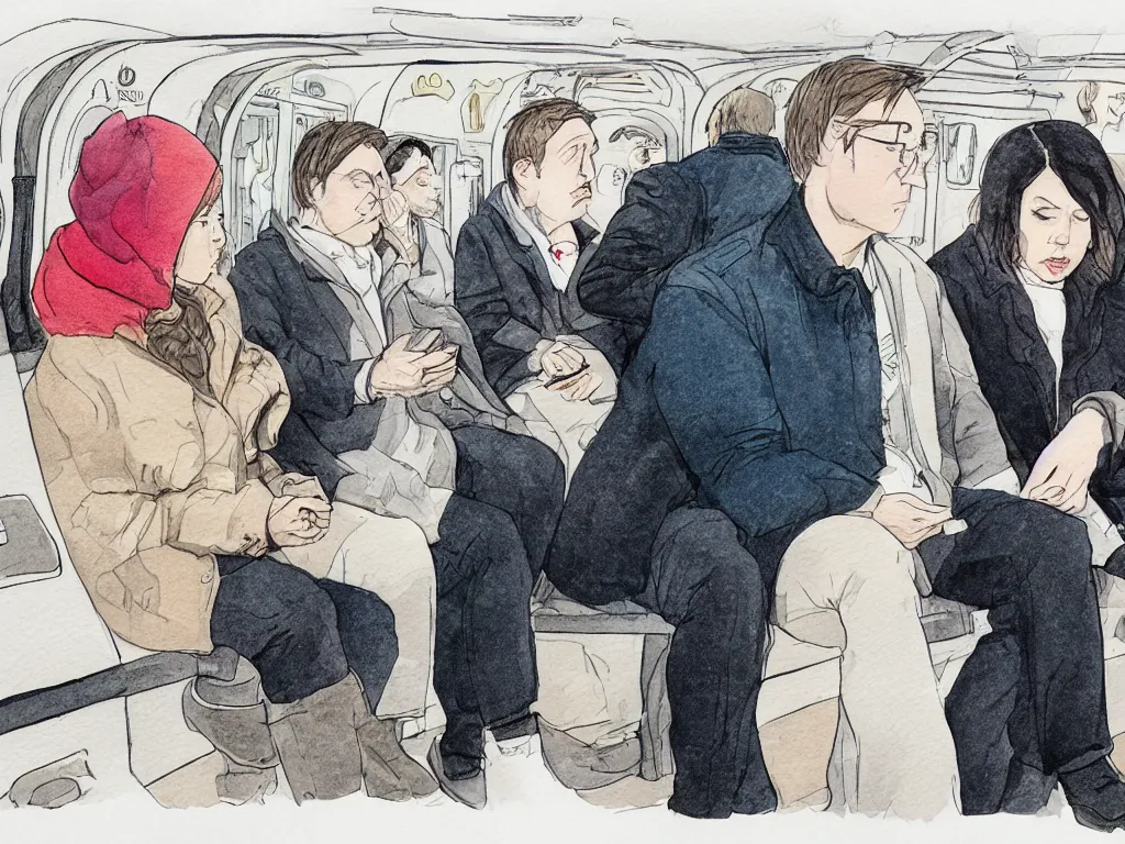 Image similar to a tight detailed ink and watercolor drawing in the style of Adrian Tomine, 3/4 low view close shot of two people sitting in a Chicago subway train: a sad Aubrey Plaza in a parka and a friendly Mads Mikkelsen in a suit