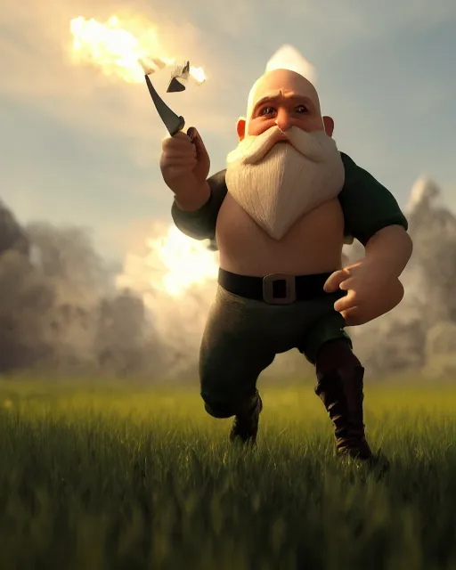 Prompt: bald gnome with big white beard holding a dagger and bomb running through a field looking angry. hyper realism, cinematic, volumetric lighting, dramatic ambient lighting, epic composition, high detail, octane render, unreal engine, 8 k, smooth gradients, dnd, digital art, deviantart artstation, ray tracing, intricate complexity, extremely detailed,