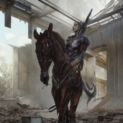 Prompt: a hyper - muscular anthropomorphized horse wearing a tactical bodysuit standing in the ruins of a facility, equine, highly detailed, digital painting, artstation, sharp focus, concept art, illustration, art by artgerm, greg rutkowski, alphonse mucha