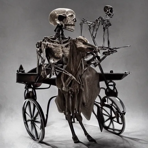 Image similar to The mixed mediart features a human figure driving a chariot. The figure is skeletal and frail, with a large head and eyes. The chariot is pulled by two animals, which are also skeletal and frail. slow shutter speed by Alex Ross rich