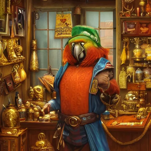 Image similar to a Anthropomorphized parrot trader in his shop, selling his wares, portrait, items, gold, carpet, window, presenting wares, holding a gold bag, D&D, fantasy, cinematic lighting, highly detailed, digital painting, artstation, concept art, smooth, sharp focus, illustration, warm light, cozy warm tint, magic the gathering artwork, volumetric lighting, 8k, art by Akihiko Yoshida, Greg Rutkowski