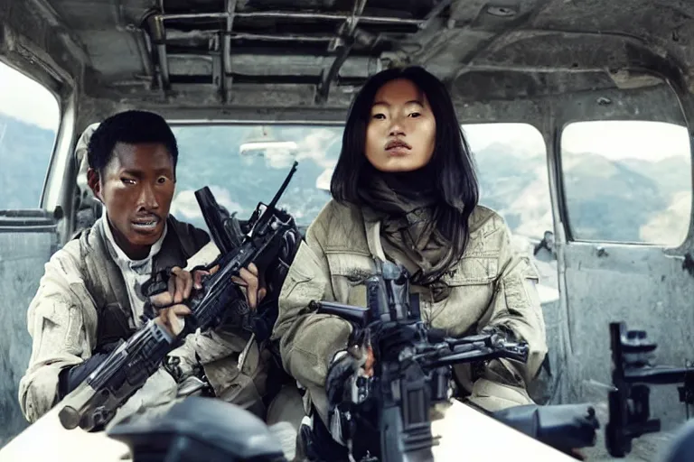 Image similar to movie diverse interracial team of Japanese robbers armed with rifles interior clean futuristic tactical van, beautiful skin, Symmetrical faces. natural lighting by Emmanuel Lubezki