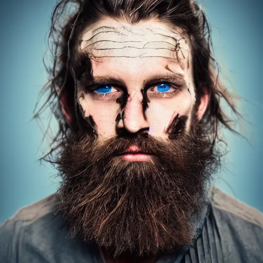 Prompt: portret of a man, warrior, scar on left cheek, battleworn, long dark brown hair, short messy beard, crystal blue eyes, weary