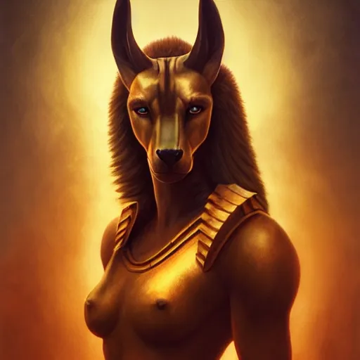 Image similar to Majestic gracious Anubis female warrior portrait, atmospheric lighting, painted, intricate, volumetric lighting, beautiful, rich deep colors masterpiece, golden hour, sharp focus, ultra detailed, by Leesha Hannigan, Ross Tran, Thierry Doizon, Kai Carpenter, Ignacio Fernández Ríos