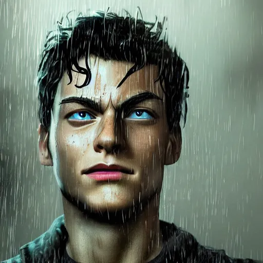 Prompt: Peter Parker open his mask , wet face , heavy rain ,dramatic, intricate, highly detailed, concept art, smooth, sharp focus, illustration, Unreal Engine 5, 8K