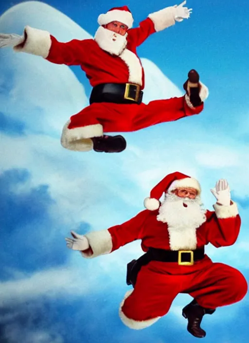 Image similar to Santa and Jesus' Totally Radical Adventure, action shot of them jumping away from an explosion towards us, cinematic shot, movie