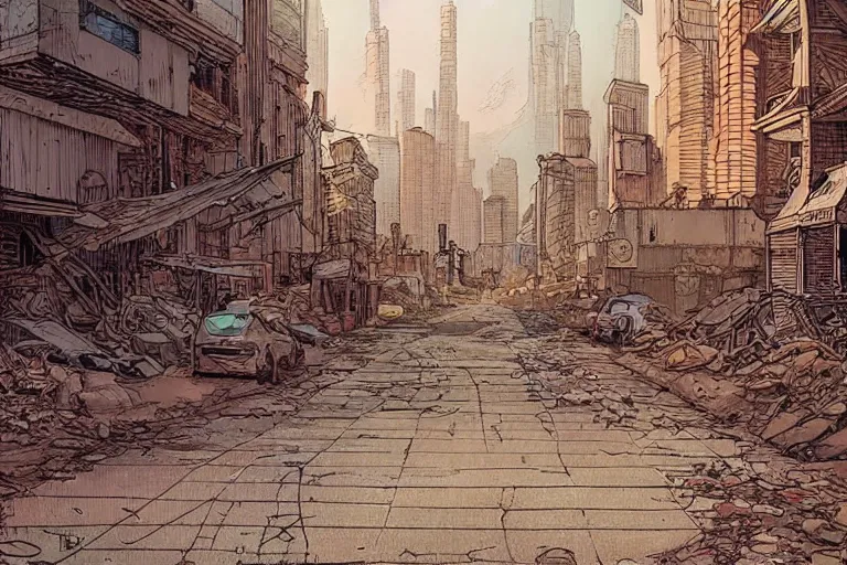 Prompt: Moebius artwork of a post apocalyptic city street