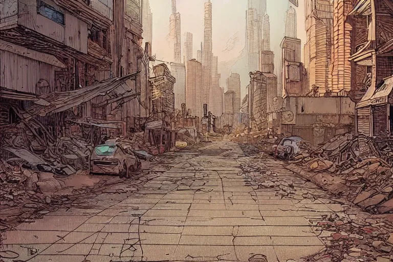 Image similar to Moebius artwork of a post apocalyptic city street