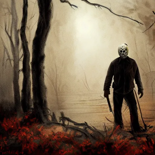 Prompt: A painting image of Jason Voorhees in the woods foggy very detail 4K quality super realistic