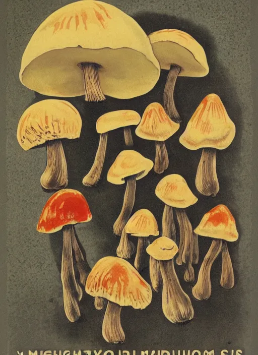 Image similar to a vintage poster of mushrooms