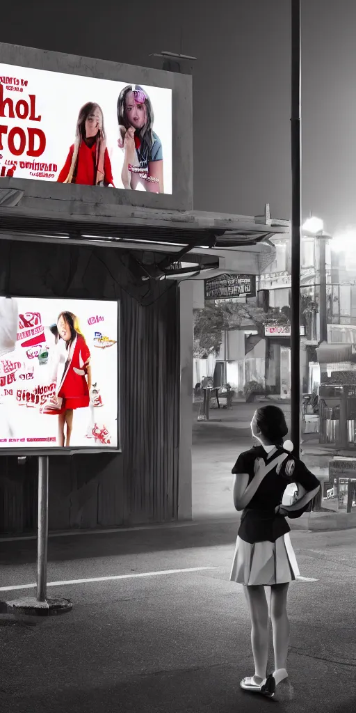 Prompt: movie still of a school girl at an outdoor food stand, she is looking at a white billboard, hyper realism, rack focus, close establishing shot, empty street, monochromatic, red neon, soft dramatic lighting, 4 k digital camera