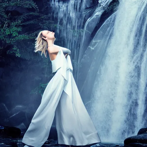 Image similar to centered white perfume standing on top of a clear, blue, waterfall, clean, surreal photography, illumination lighting, sharp focus, vogue