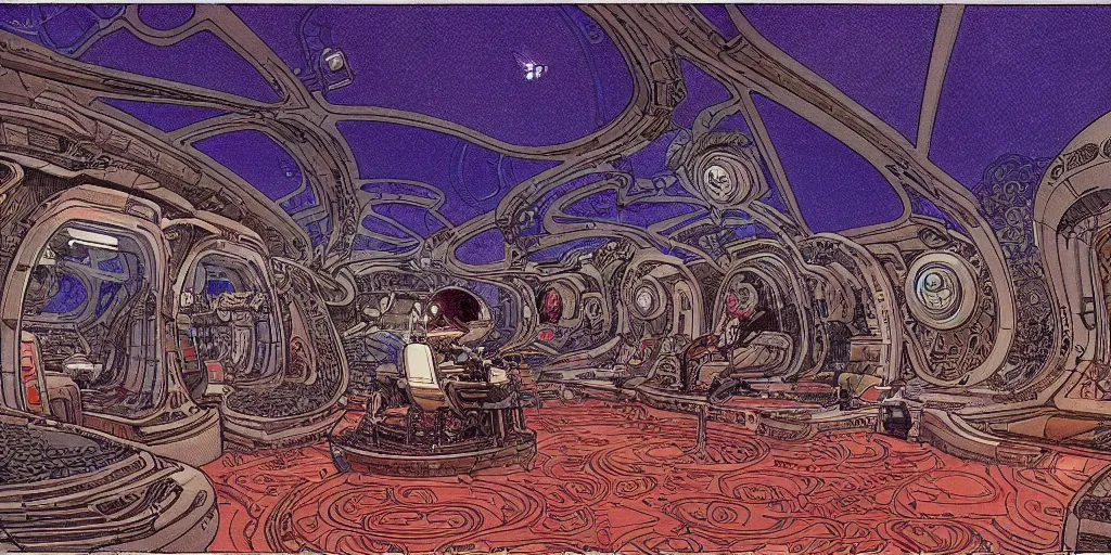 Image similar to cinematic shot of the interior of a sci-fi spaceship made with ornate elven architecture and highly advanced technology, intricate linework, style of Jean Giraud Moebius comic art