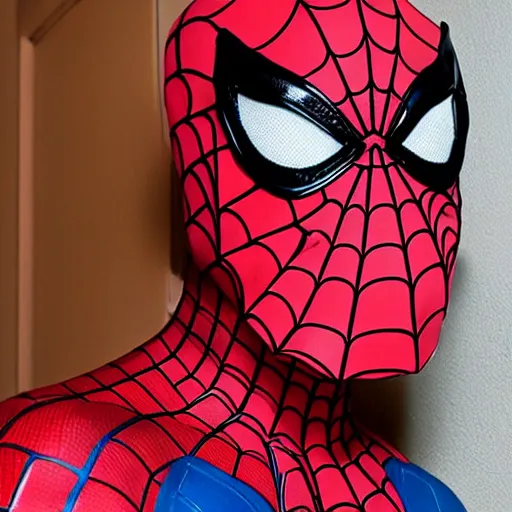 Image similar to spider - man wearing a latex mask of a pitbull