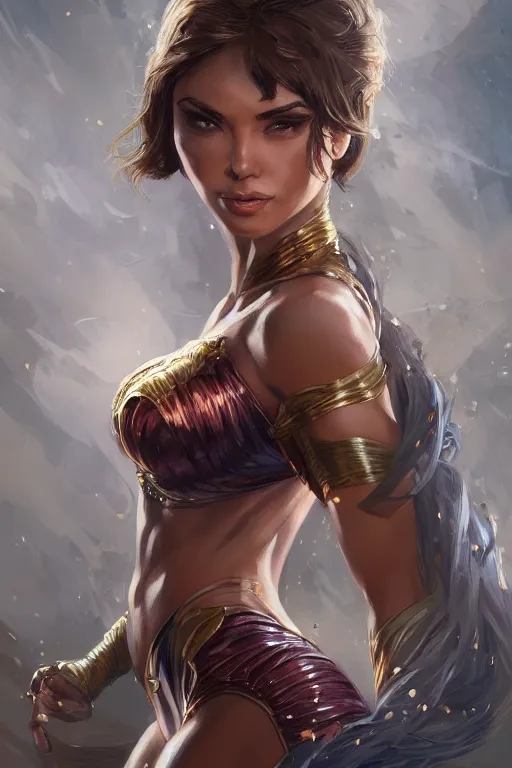 Prompt: three-quarters portrait pose of a beautiful woman, strong body,super heroine costume, human super powers, fantasy, intricate, elegant, highly detailed, digital painting, artstation, concept art,shining, sharp focus,D&D, illustration, art by Stanley Lau