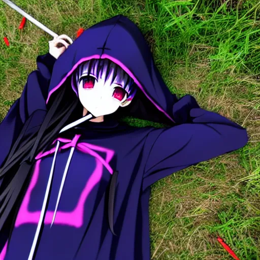 Image similar to A cute young real life 3D anime girl with long blueish violet hair, wearing a black reaper hood with shorts, a bloody scythe is laying next to her foot, in a dark field, top down angle, laying on her back