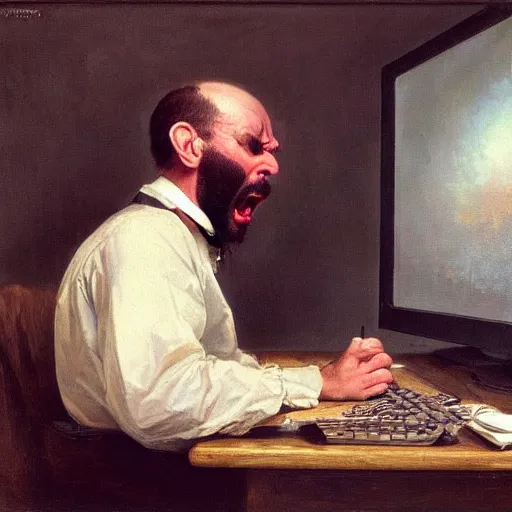 Image similar to an angry man yells at his computer monitor, oil on canvas, 1 8 8 3, highly detailed, high resolution