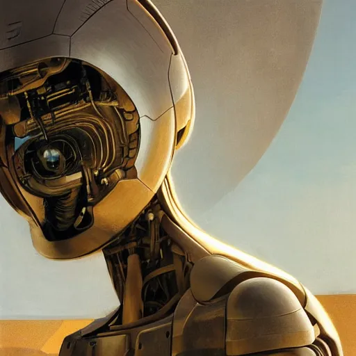 Prompt: detailed face of a synthetic sentient super - intelligent humanoid with eyes warming up, rammed earth courtyard, cool skydome, fresh atmosphere, ambient, rick guidice, syd mead, livia prima, greg rutkowski