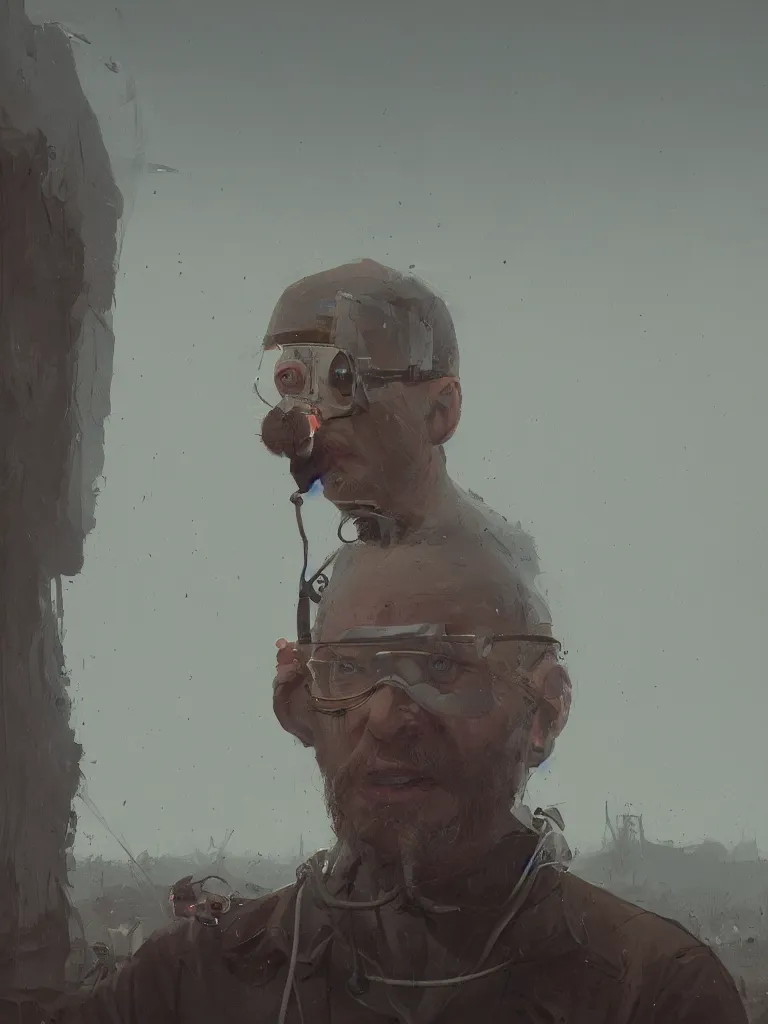 Image similar to a portrait of a researcher like indianer jones in a painting from stalenhag, 4 k, 8 k, hdr, artstation, concept art