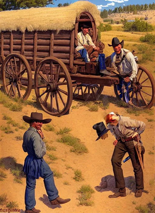 Image similar to old west wagon trail, oregon trail. portrait by jean giraud and anton otto fischer and john philip falter and will eisner and gil elvgren