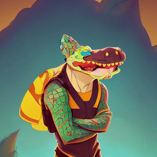 Image similar to in the style of artgerm, loish and ross tran, anthropomorphic alligator, symmetrical face, symmetrical eyes, red scales on his back, yellow scale on his belly and chest, male, waring a hawaiian shirt, in the style of zootopia