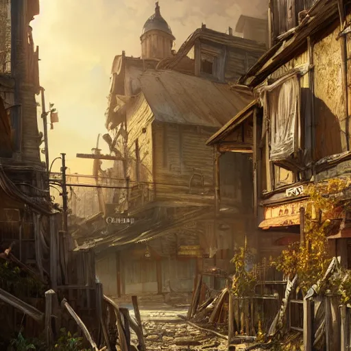 Prompt: painting of an old west town, ultra realistic, concept art, intricate details, eerie, highly detailed, fallout, wasteland, photorealistic, octane render, 8 k, unreal engine 5. art by artgerm and greg rutkowski and alphonse mucha