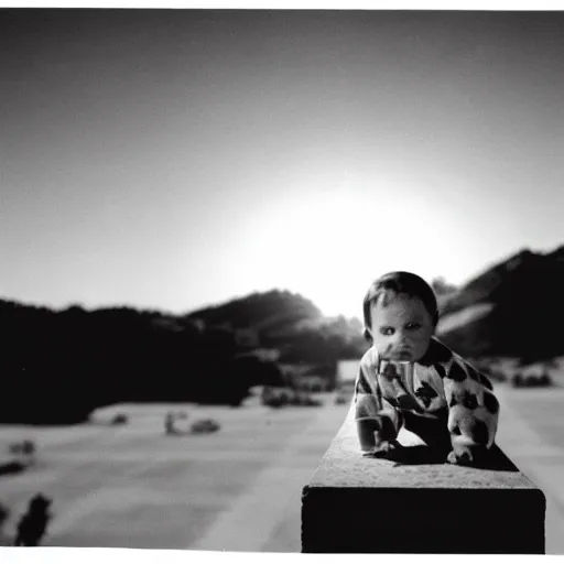 Prompt: baby stanley kubrick looking over the world like 2 0 0 1 3 5 mm cinematic